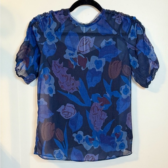 Ted Baker London Nixole Blue Purple Floral Ruched Sleeve Blouse Top- Size 0 - Picture 8 of 9
